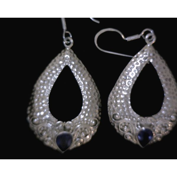 Teardrop Hammered Metal With Scrollwork & Iolite Drop Earrings Vulcan's Forge LLC Kansas City, MO