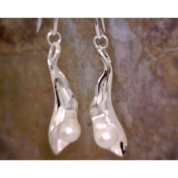 Silver Freshwater Pearl Wrapped in Leaf Drop Earrings Vulcan's Forge LLC Kansas City, MO