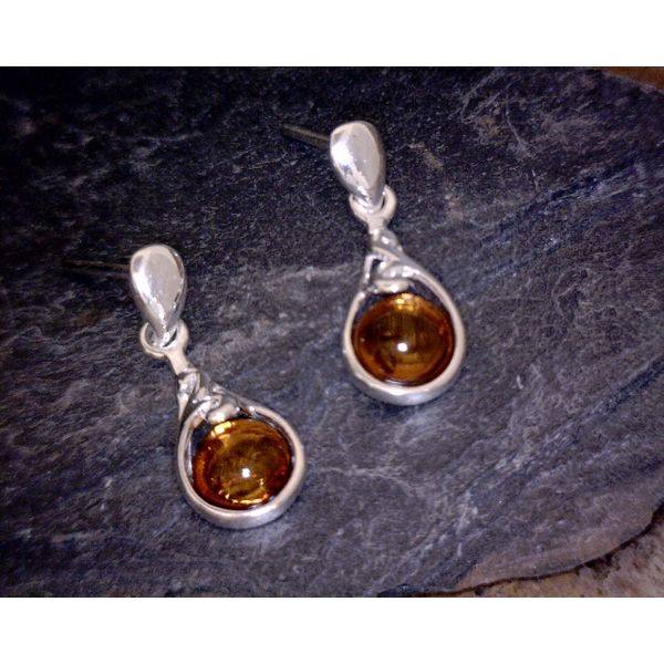 Silver Oval Cognac Amber Drop Earring with Top Curl Vulcan's Forge LLC Kansas City, MO