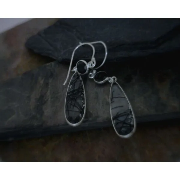 STERLING RUTILATED QUARTZ WITH BLACK CZ DROP EARRINGS Vulcan's Forge LLC Kansas City, MO