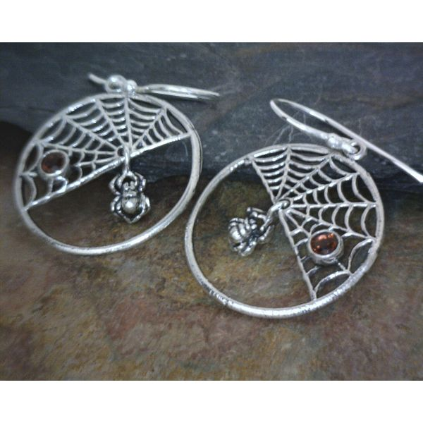 Sterling Spiders in Web with Garnet Drop Earrings Vulcan's Forge LLC Kansas City, MO