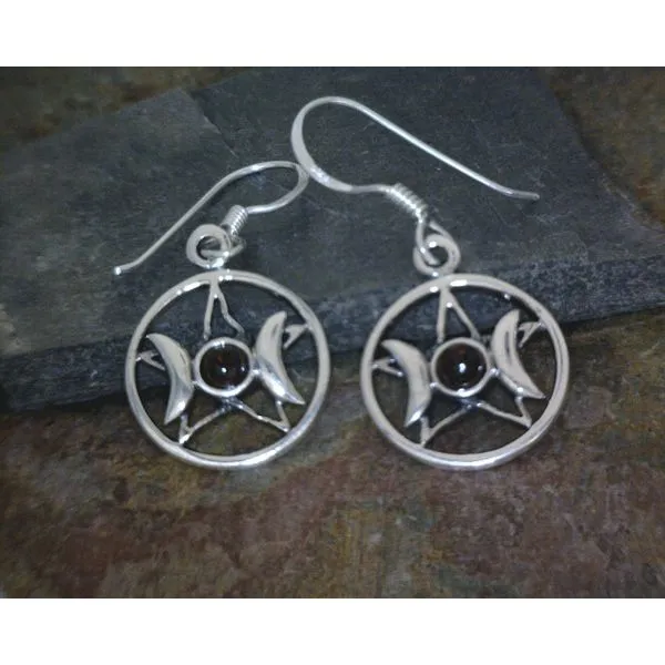SS Triple Goddess Drop Earrings w/  3mm Garnet on Pentacle Vulcan's Forge LLC KANSAS CITY, MO