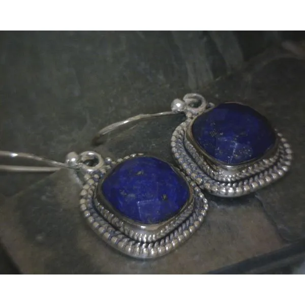 SS Drop Earrings Faceted Lapis Lazuli With Decorative Edge Vulcan's Forge LLC Kansas City, MO