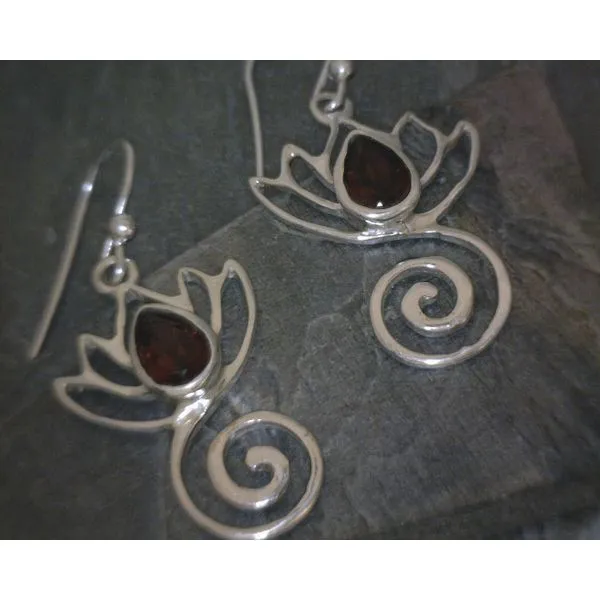 SS Lotus Flower With Faceted Garnet Drop Earring Vulcan's Forge LLC Kansas City, MO