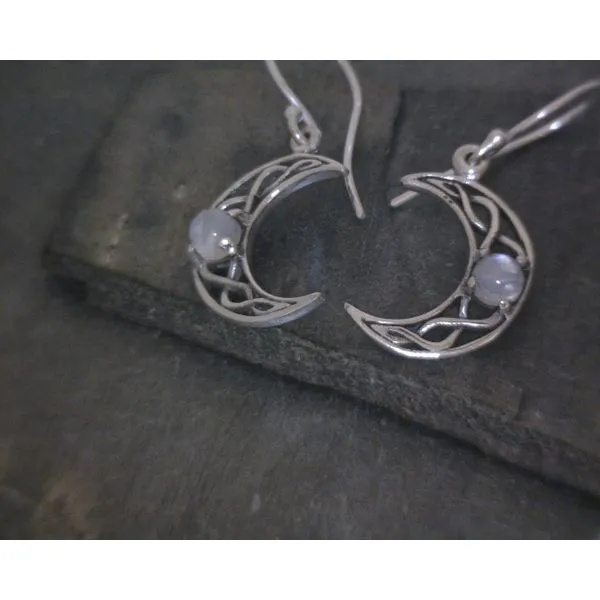 Celtic Moon Drop Earrings with Rainbow Moonstone Vulcan's Forge LLC KANSAS CITY, MO