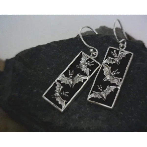 Sterling Flying Bats with Onyx Drop Earrings Vulcan's Forge LLC KANSAS CITY, MO