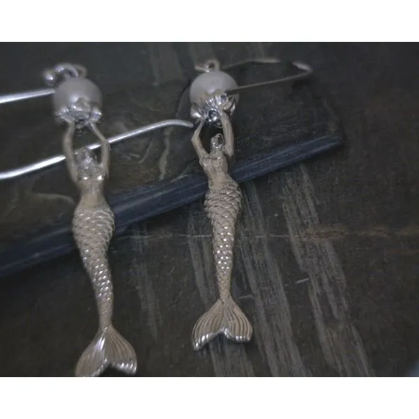 SS Mermaid Holding Pearl Drop Earrings Vulcan's Forge LLC KANSAS CITY, MO