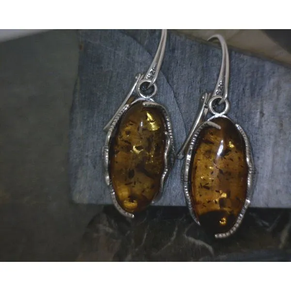 SS Oblong Oval Amber W/ Leaf Filigree Detail Lever Back Earrings Vulcan's Forge LLC KANSAS CITY, MO
