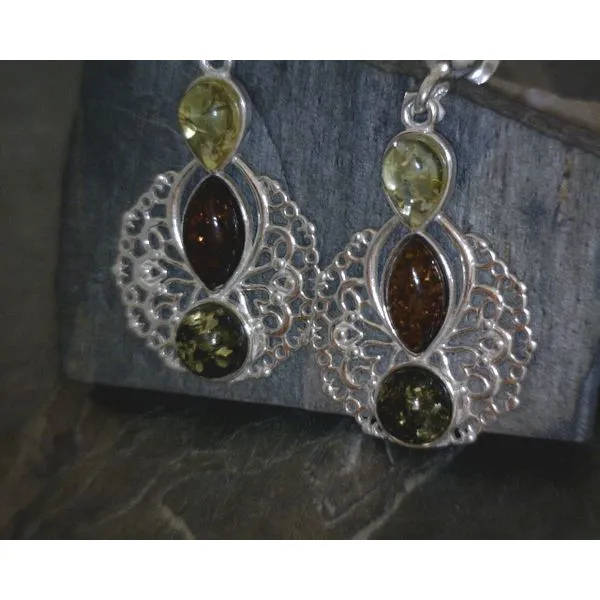 SS 3 Multi Color Amber W/ ScrollWork Cutout Backing Earrings Vulcan's Forge LLC KANSAS CITY, MO