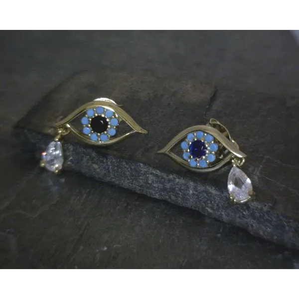 SS Yellow Metal Multi Stone Eye W/ White Stone Tear Drop Stud Vulcan's Forge LLC KANSAS CITY, MO