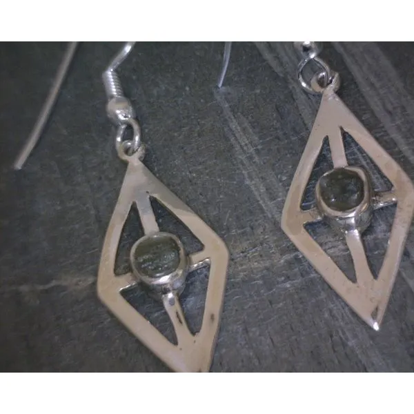SS BZ Round Moldavite In Diamond Shaped Setting Earrings Vulcan's Forge LLC KANSAS CITY, MO