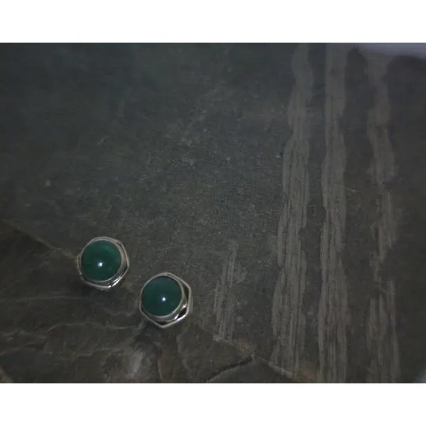 SS BZ Cab Round Green Onyx Stud Earrings Vulcan's Forge LLC KANSAS CITY, MO