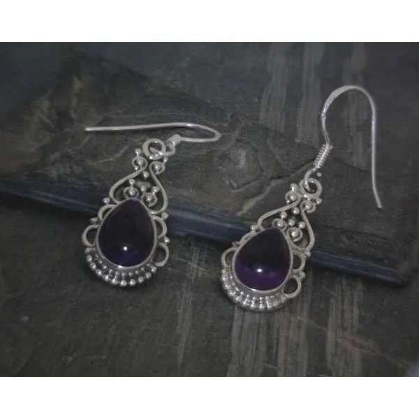 SS BZ Cab Oval Amethyst In Ornate Setting Earrings Vulcan's Forge LLC Kansas City, MO