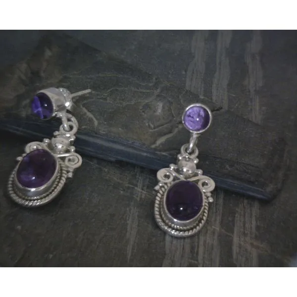 SS BZ Two Stone Amethyst In Ornate Setting Drop Earrings Vulcan's Forge LLC KANSAS CITY, MO
