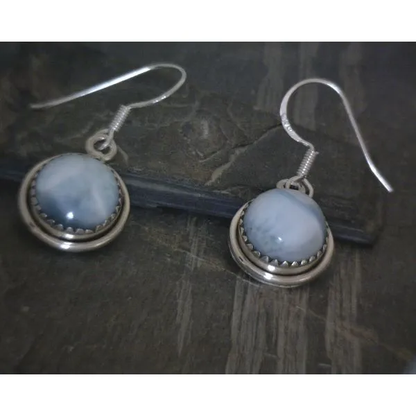 SS BZ Cab Round Larimar W Scallop Detail Drop Earrings Vulcan's Forge LLC KANSAS CITY, MO