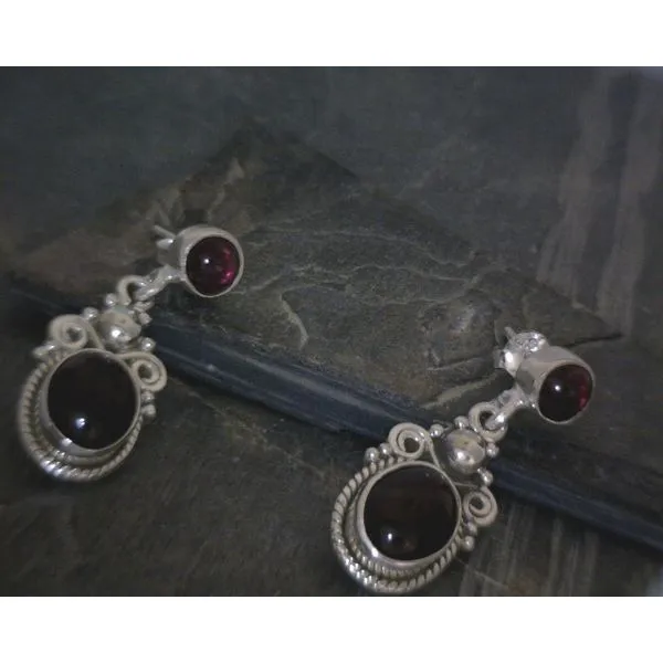 SS BZ Two Stone Garnet In Ornate Setting Drop Earrings Vulcan's Forge LLC Kansas City, MO