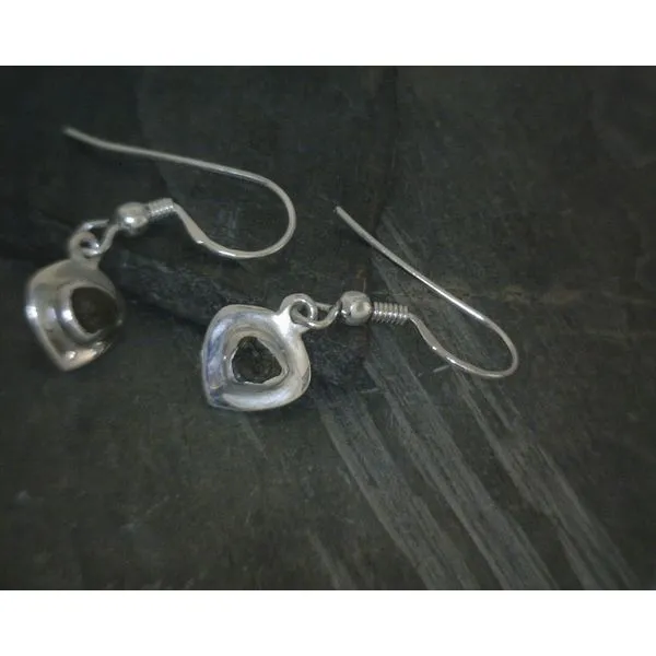 SS Bz Raw FreeForm Moldavite WIth Metal halo detail Drop Earrings Vulcan's Forge LLC KANSAS CITY, MO