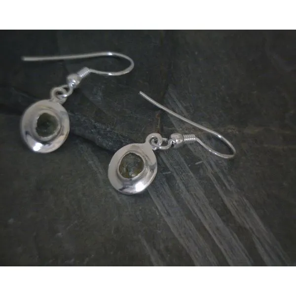 SS Bz Raw FreeForm Moldavite WIth Metal halo detail Drop Earrings Vulcan's Forge LLC KANSAS CITY, MO