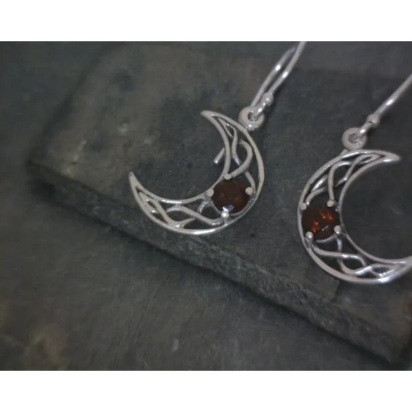 SS Celtic Moon with Garnet Drop Earrings Vulcan's Forge LLC Kansas City, MO