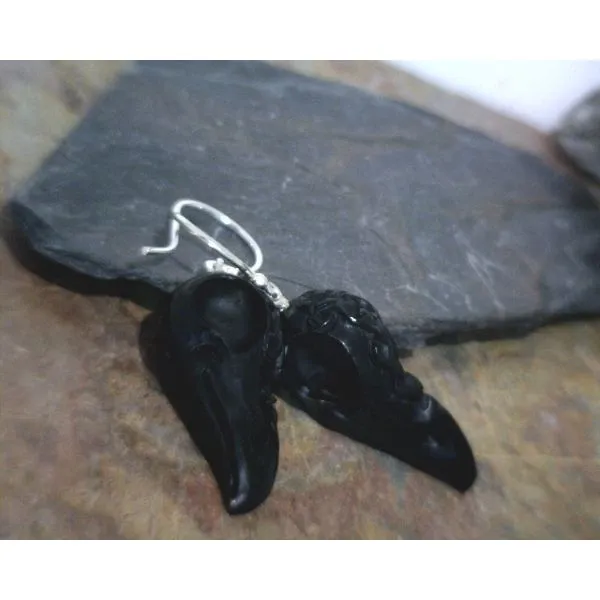 Sterling Black Raven Skulls in Bone Drop Earrings Vulcan's Forge LLC KANSAS CITY, MO