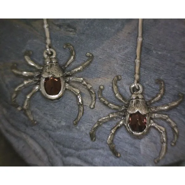 SS Spider Hanging with Garnet Earrings Vulcan's Forge LLC Kansas City, MO