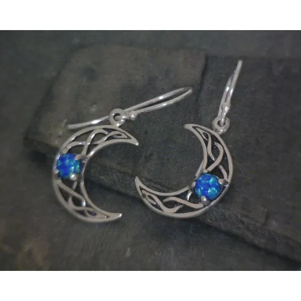 Celtic Moon Drop Earrings with Lsb Created Opal Vulcan's Forge LLC Kansas City, MO