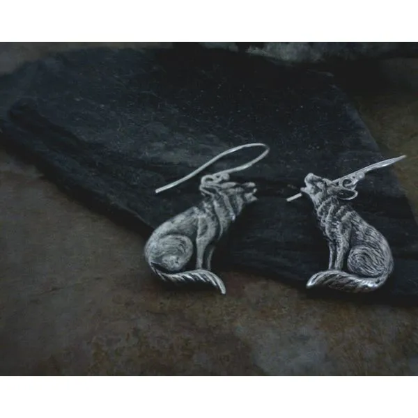 Sterling Wolf Howling Drop Earrings Vulcan's Forge LLC Kansas City, MO