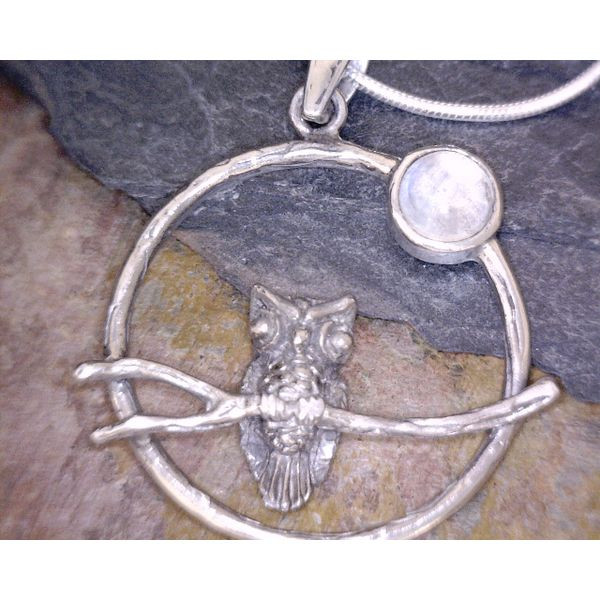 Sterling Owl On Branch With Moonstone Moon Vulcan's Forge LLC Kansas City, MO