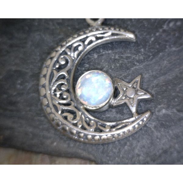 SS Opal Crescent Moon and Star Pendant with 18