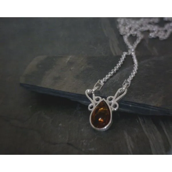 SS BZ Teardrop Cab AMber W/ Cutout Scrollwork Detail Necklace Vulcan's Forge LLC KANSAS CITY, MO