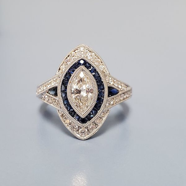 14k White Gold Deco Style Ring w/Diamonds & Sapphires Wallach Jewelry Designs Larchmont, NY