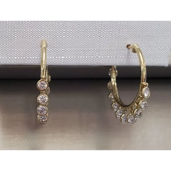 18k Yellow Gold Hoops w/Dangling Diamonds in Bezels Wallach Jewelry Designs Larchmont, NY
