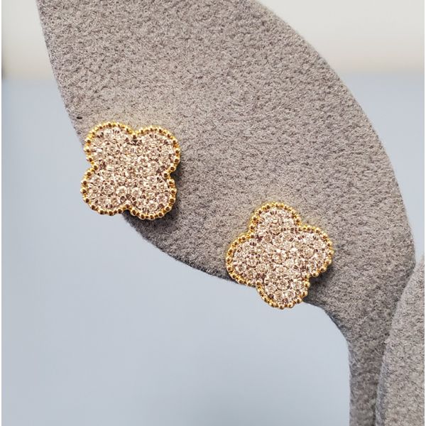 14k Yellow Gold Alhambra Shaped Earrings w/Pave Diamonds Wallach Jewelry Designs Larchmont, NY