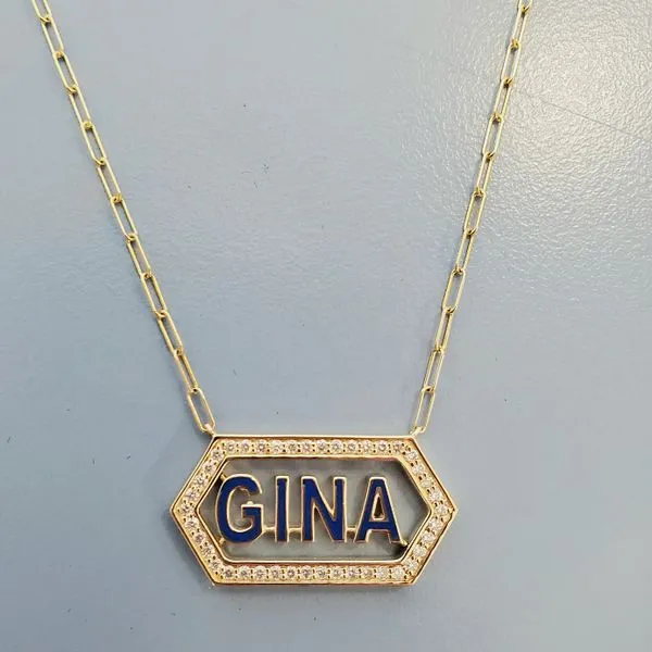 14k Yellow Gold, Diamond & Enamel NAME Necklace Wallach Jewelry Designs Larchmont, NY