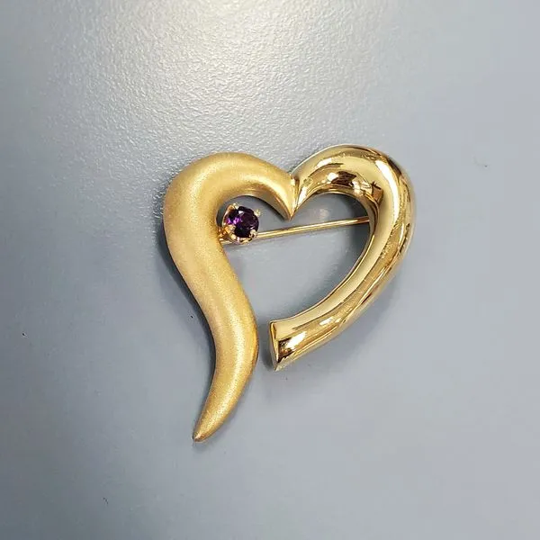 14k Yellow Gold Matte & Shiny Heart Pin w/Amethyst Wallach Jewelry Designs Larchmont, NY