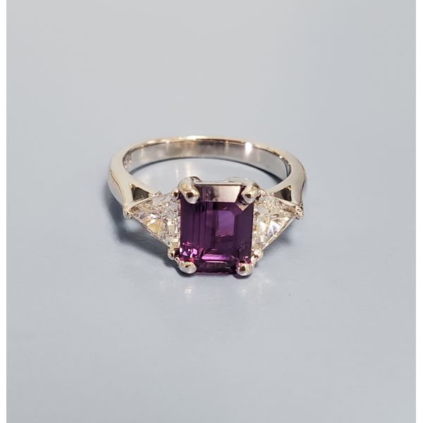 Platinum Ring w/Emerald-Cut Purple Sapphire Center & Trillion Diamonds Wallach Jewelry Designs Larchmont, NY