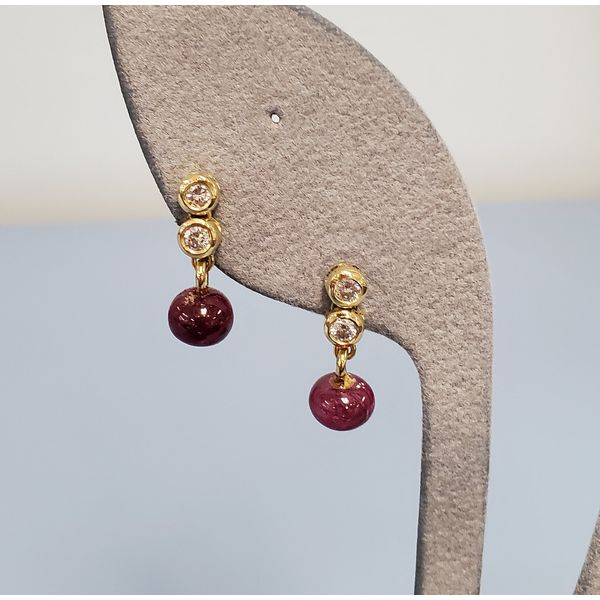 18k Yellow Gold Drop Earrings w/Diamonds & Ruby Beads Wallach Jewelry Designs Larchmont, NY