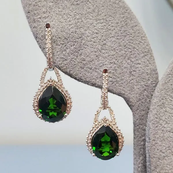 14k White Gold & Diamond Drop Earrings w/ Chrome Diopside Pear Shaped Drops Wallach Jewelry Designs Larchmont, NY
