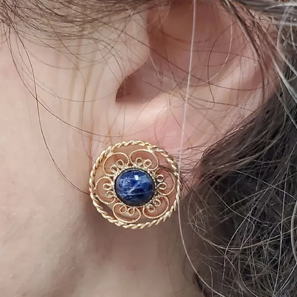 14K Yellow Gold Button Earrings w/Sodalite Image 2 Wallach Jewelry Designs Larchmont, NY