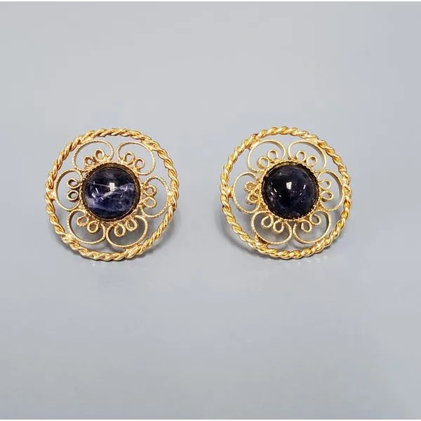 14K Yellow Gold Button Earrings w/Sodalite Wallach Jewelry Designs Larchmont, NY