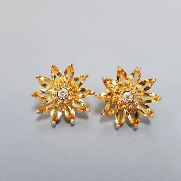 14k Yellow Gold Flower Earrings w/Citrines & Diamond Wallach Jewelry Designs Larchmont, NY