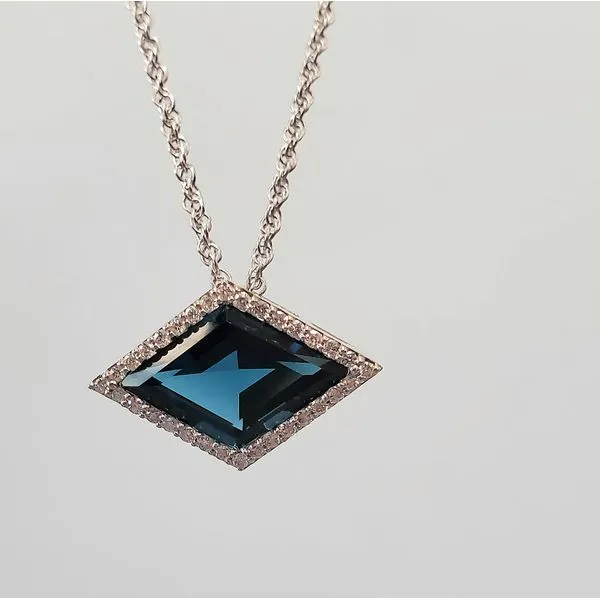 14k White Gold Pendant Necklace w/Kite Shape London Blue Topaz & Diamonds Image 2 Wallach Jewelry Designs Larchmont, NY