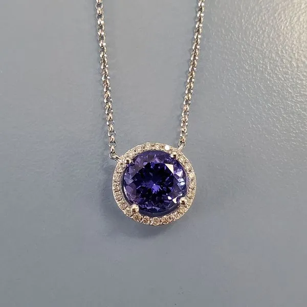 14k White Gold, Tanzanite and Diamond Halo Pendant Necklace Wallach Jewelry Designs Larchmont, NY