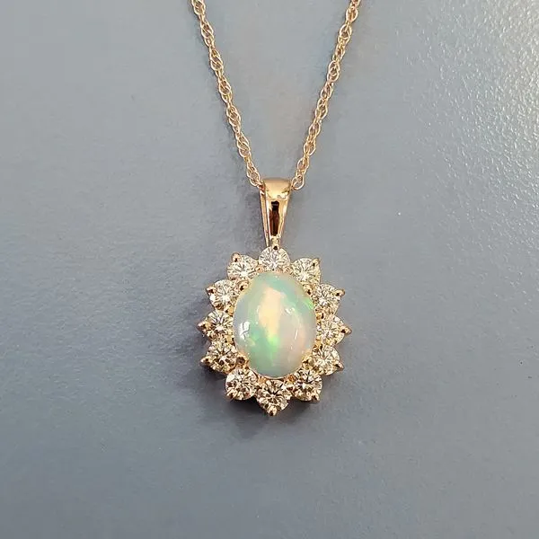 14k Rose Gold Pendant Necklace w/Center Oval Opal & Diamonds Wallach Jewelry Designs Larchmont, NY