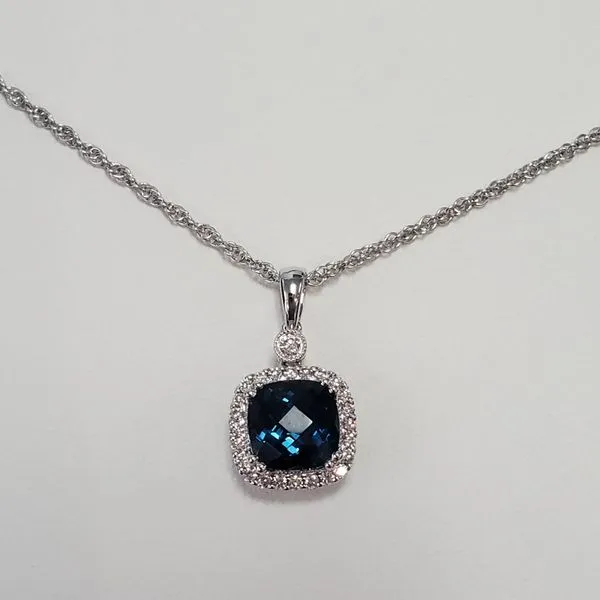 14k White Gold Pendant Necklace w/London Blue Topaz & Diamonds Wallach Jewelry Designs Larchmont, NY