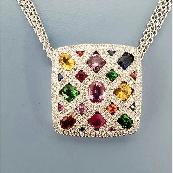 14k White Gold & Multi-Color Gemstones Necklace w/Diamonds Image 2 Wallach Jewelry Designs Larchmont, NY