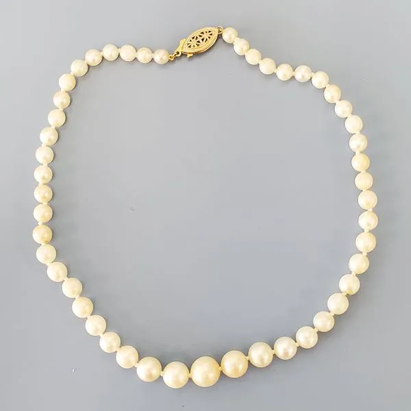 Single Strand Necklace of Graduated Pearls w/Yellow Gold Filled Clasp Wallach Jewelry Designs Larchmont, NY