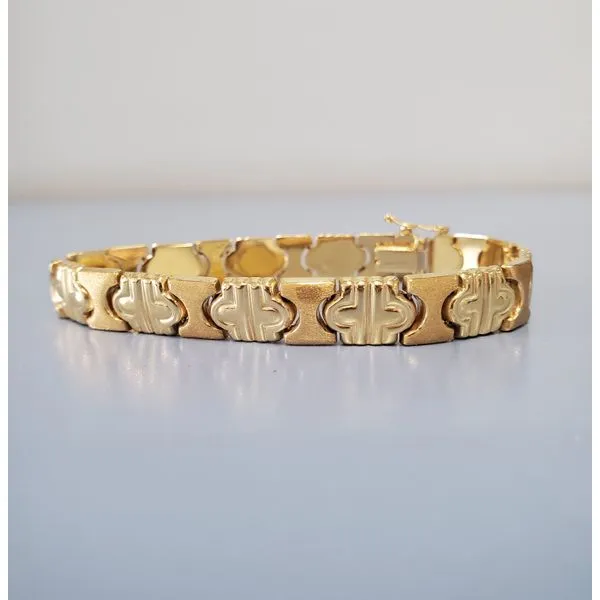 14k Satin & Shiny Yellow Gold Fancy Link Bracelet Image 2 Wallach Jewelry Designs Larchmont, NY