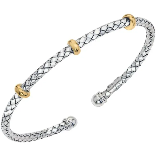 Alisa Sterling Silver Traversa Cuff Bangle Bracelet w/ Three 18k Yellow Gold Rondelles Wallach Jewelry Designs Larchmont, NY