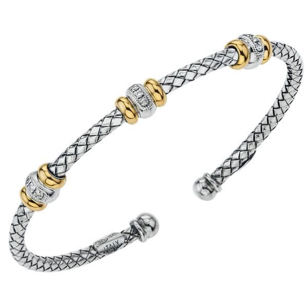 Alisa Sterling Silver Traversa Cuff Bangle Bracelet w/ Three 18k Yellow Gold & Diamond Rondelles Wallach Jewelry Designs Larchmont, NY
